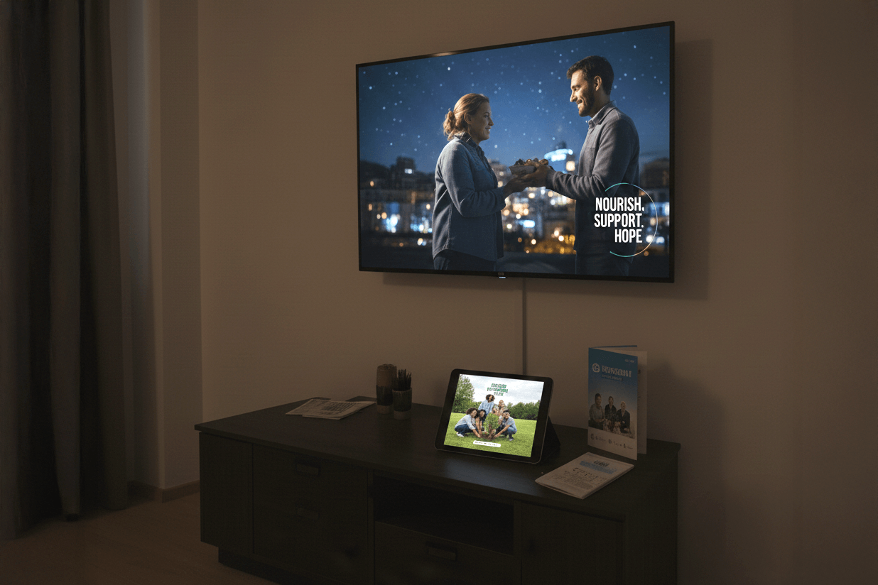 Voorbeeld van een tv-commercial ingesproken door voice-over stemacteur uit zuid-holland, getoond op een televisie in een woonkamer.